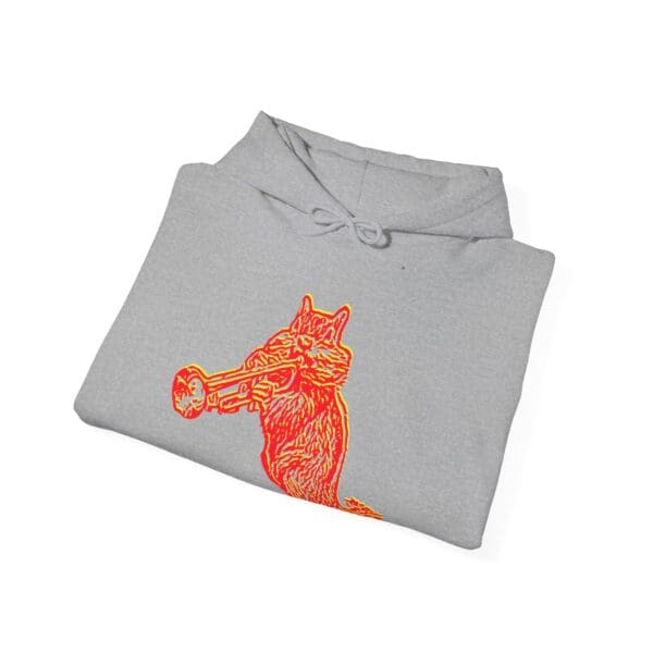 Chipmunk Hoodie in gray featuring a red and orange abstract graphic of a wolf with a baseball bat in its mouth.