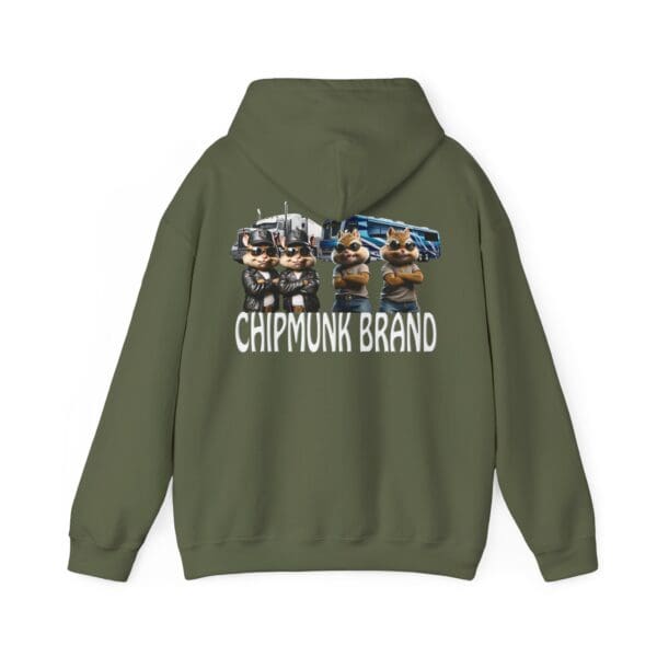 Chipmunk Family Graphic Hoodie featuring three animated chipmunks in sunglasses and crossed arms, posed in front of a tow truck, with "CHIPMUNK BRAND" text underneath.