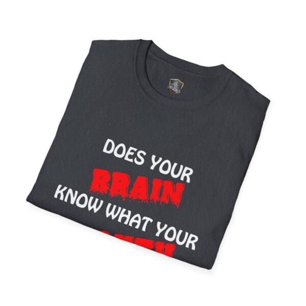 Folded black "Your Brain T-Shirt" featuring the text "Does your brain know what your heart" in white and red lettering.