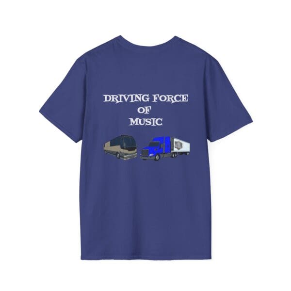 Blue Driving Force T-Shirt featuring images of a tour bus and a truck, with the text "Driving Force of Music.