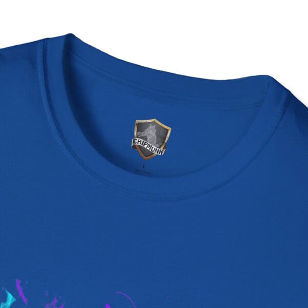 Close-up of a blue Smoked Chipmunk T-Shirt featuring a brand label on the inside neck.