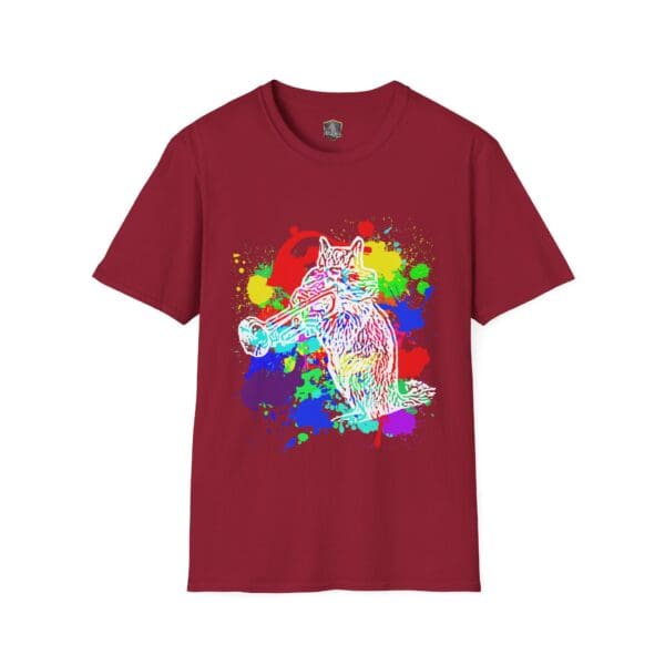 Splash Chipmunk T-Shirt in red, showcasing a lively illustration of a cat playing the trumpet, surrounded by dynamic paint splashes.