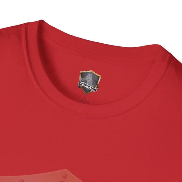 A close-up of a red T-shirt collar displays a label featuring an emblem and the "Chipmunk Brand" name above the size "L" and "100% Cotton" text.