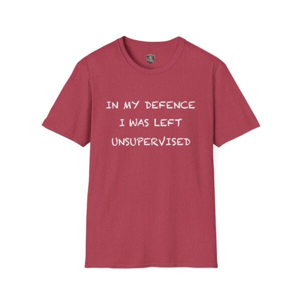 A red "Unsupervised Mischief T-Shirt" featuring the text "In my defence I was left unsupervised" printed in white.