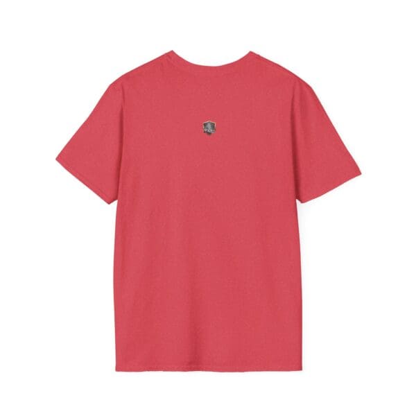 Back view of The Man T-Shirt in plain red featuring a small embroidered skull logo centered on the upper back.