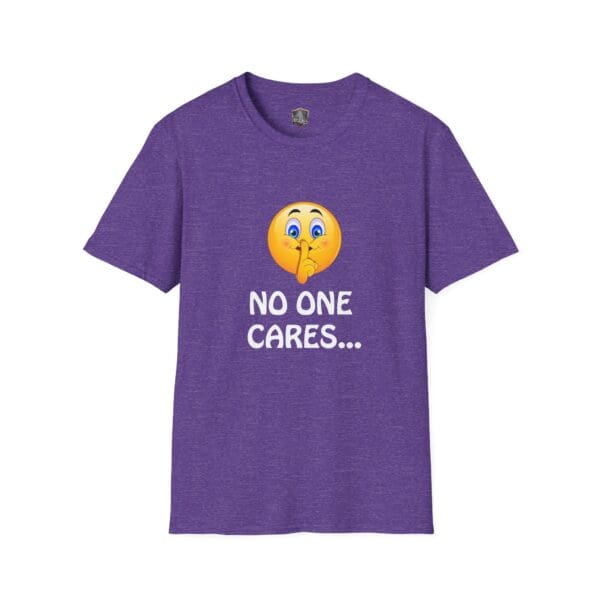 No One Cares T-Shirt featuring a purple design with a shushing emoji graphic and text that reads "No One Cares...