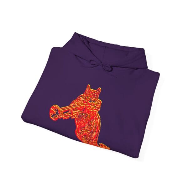 A folded Chipmunk Hoodie in purple, featuring a red and yellow stylized wolf graphic playing a trumpet on the front.