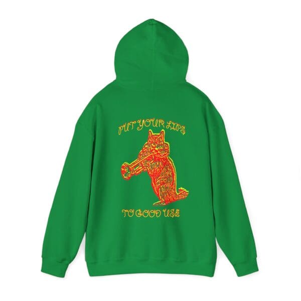 Green hoodie featuring an orange graphic of a wolf with a trumpet and the words "Put Your Lips To Good Use" on the back.