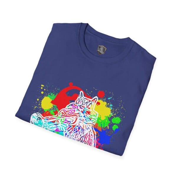 Splash Chipmunk T-Shirt adorned with vibrant splatter art featuring a cat playing a trumpet.