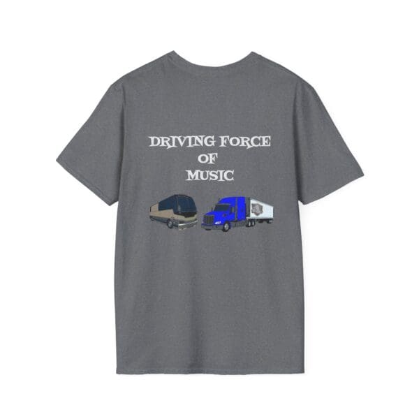 Driving Force T-Shirt in gray, featuring the phrase "Driving Force of Music" above illustrations of a tour bus and a truck.