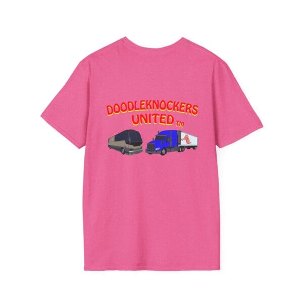 Pink Doodleknockers Bus and Truck T-Shirt showcasing two trucks and the phrase "Doodleknockers United.