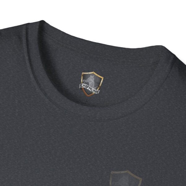 A dark gray "You Saw It Because We Brought It" T-shirt with a small shield emblem near the collar featuring the word "Chipmunk" and an image of a chipmunk.