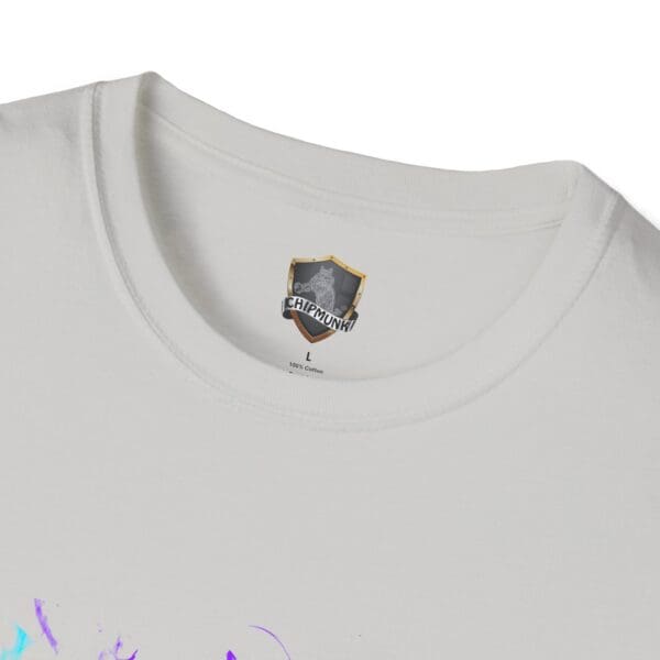 Close-up of the Smoked Chipmunk T-Shirt in white, featuring a logo and size "L" label at the collar, with part of a colorful design visible at the bottom.