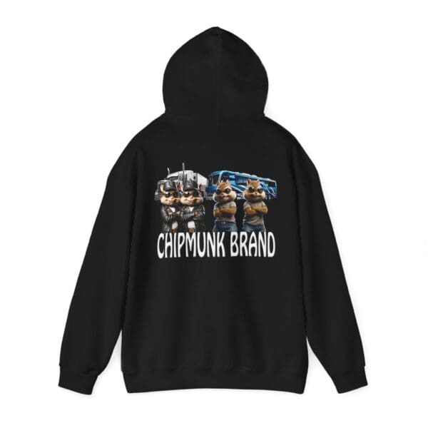 Black Chipmunk Family Graphic Hoodie showcasing cartoon chipmunks dressed as police officers, with "CHIPMUNK BRAND" printed on the back.