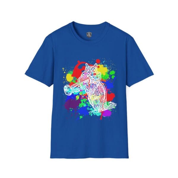 A blue T-shirt showcasing a colorful, abstract chipmunk amid splashes of vibrant paint.