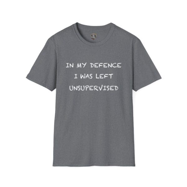 Unsupervised Mischief T-Shirt in gray featuring white text: "IN MY DEFENCE I WAS LEFT UNSUPERVISED.