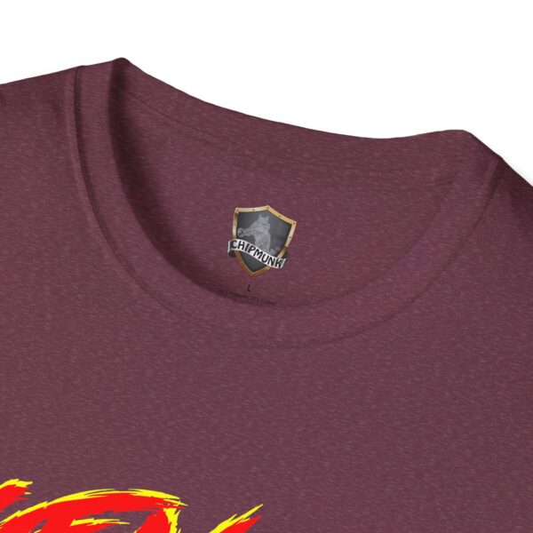 Close-up of the Gen X T-Shirt in maroon, featuring a vibrant graphic and a Chipmunk label inside the collar.