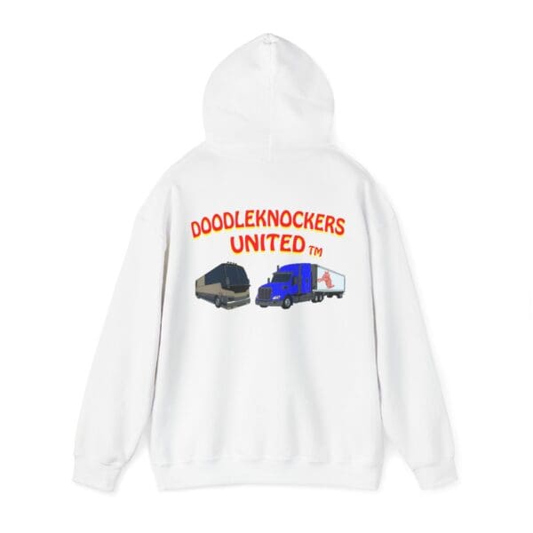 White hoodie named "Doodleknockers Bus and Truck Hoodie," showcasing cartoon graphics of a bus and a truck, with the text "Doodleknockers United" in red and orange.