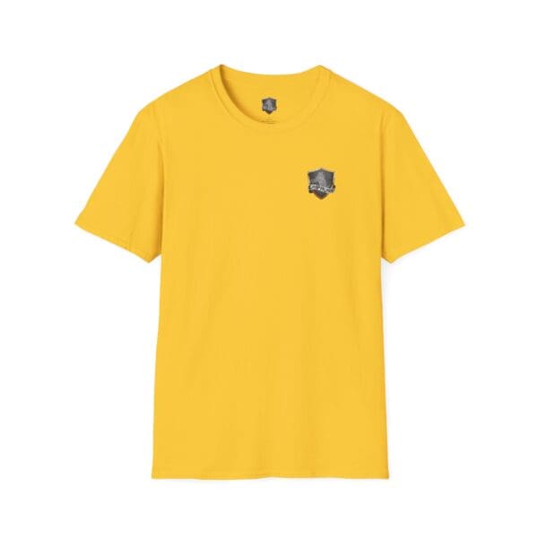 Driving Force T-Shirt in yellow, featuring a small black emblem on the left chest, showcased against a white background.