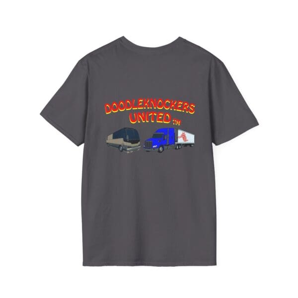 Gray T-shirt named "Doodleknockers Bus and Truck T-Shirt," featuring the text "Doodleknockers United" and images of a beige truck and a blue truck on the back.