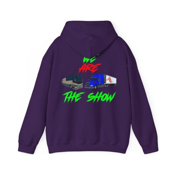 Introducing The Show Hoodie, a stylish purple hoodie adorned with illustrations of a tour bus and a truck, accompanied by the vibrant text "We Are The Show.