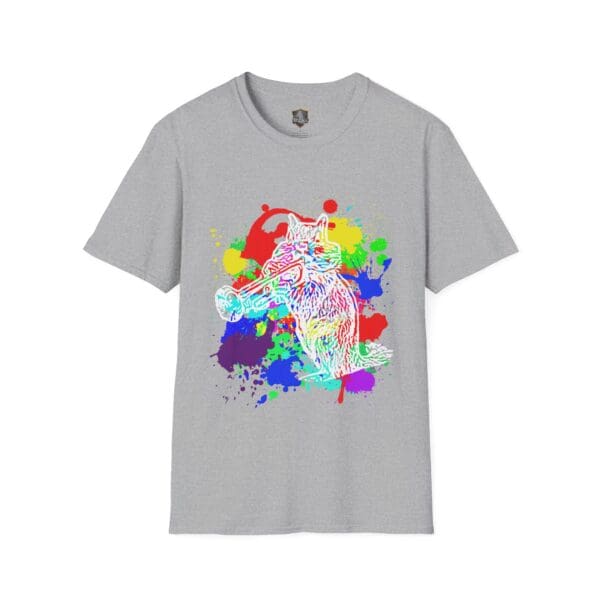 Gray t-shirt featuring a vibrant graphic of a chipmunk playing a trumpet, surrounded by splashes of various bright colors.