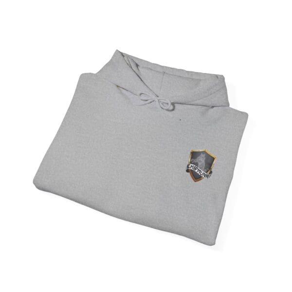 A gray Chipmunk Family Graphic Hoodie folded neatly, featuring a small shield emblem with the word "EARZONY" in the corner.