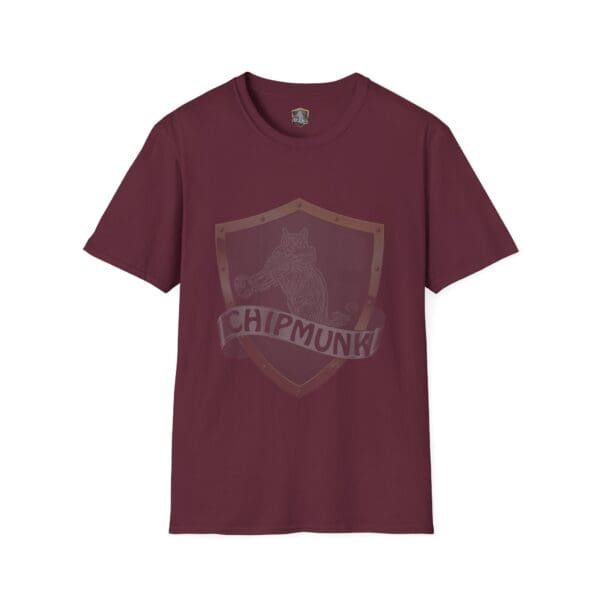 Chipmunk Brand T-Shirt in maroon, highlighting a shield design with the "Chipmunk" logo.