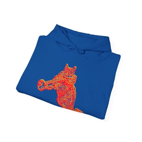 Chipmunk Hoodie in blue, showcasing a vibrant red and orange graphic of a wolf playing a trumpet.