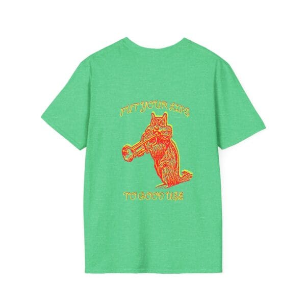 Green T-shirt featuring an orange cat holding a trumpet with the text "PUT YOUR LIPS TO GOOD USE" on the back.