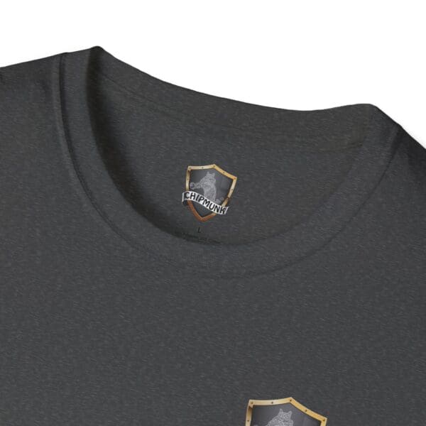 Dark gray Kick Me T-shirt featuring a "Chipmunk" label on the inside collar and a small shield design on the chest.