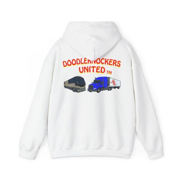 White hoodie showcasing a back design with two trucks and the "DOODLEKNOCKERS UNITED™" text, known as the Doodleknockers Bus and Truck Hoodie.