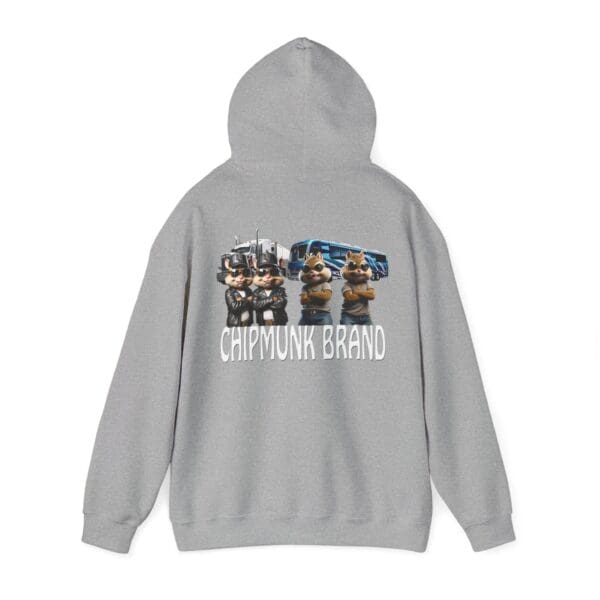 Gray hoodie with a graphic of cartoon chipmunks dressed in uniforms and hats, standing in front of a truck. The text "Chipmunk Brand" is displayed below the image. Product Name: Chipmunk Family Graphic Hoodie.