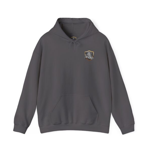 The Show Hoodie in dark gray features a small embroidered shield logo on the left chest, complemented by a front pocket and a drawstring hood.