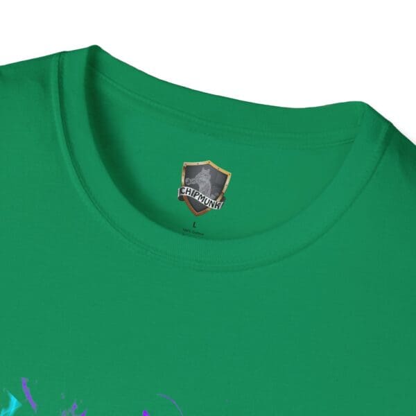 Close-up of a green Smoked Chipmunk T-Shirt featuring the Chipmunk logo near the neckline and a size label. A glimpse of the vibrant design is also visible at the bottom.