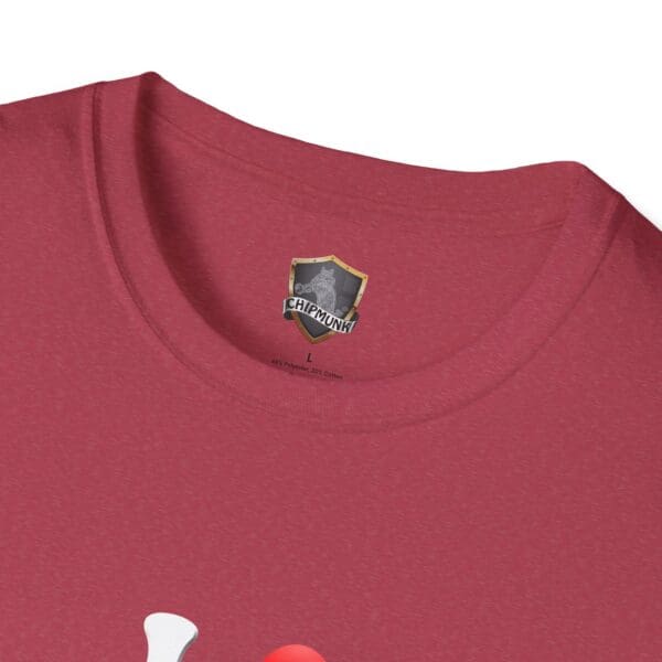 Close-up of the collar of the "I Love Hot Taco" red t-shirt featuring a logo on the inside label.