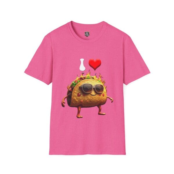 Pink "I Love Hot Taco" t-shirt featuring an image of a taco wearing sunglasses.