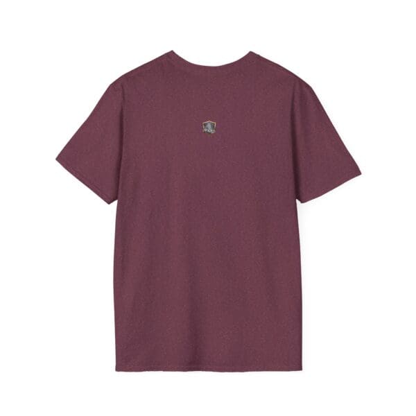 Back view of "The Man T-Shirt," featuring a plain maroon design with a small embroidered emblem centered on the upper back.