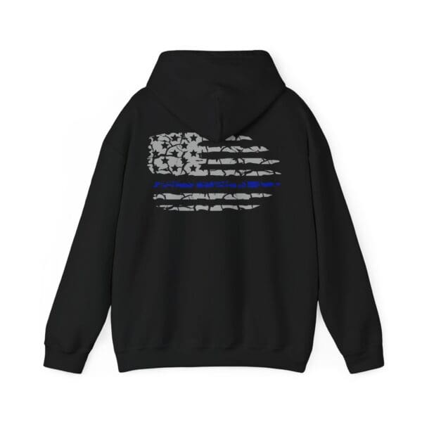 Police Support Hoodie in black, featuring an American flag design with a blue line on the back to symbolize support for law enforcement.