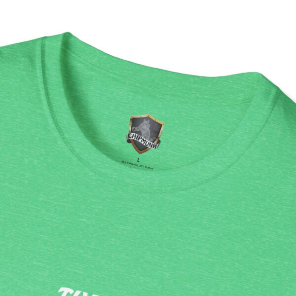 Close-up of a green "The Man T-Shirt" with a "Chipmunk" label and featuring a shield logo.