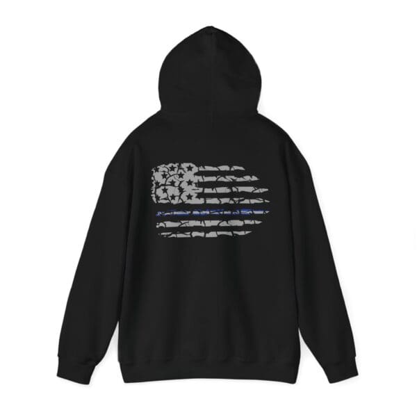 EMS Support Hoodie in black with an abstract American flag design on the back, featuring a thin blue line.