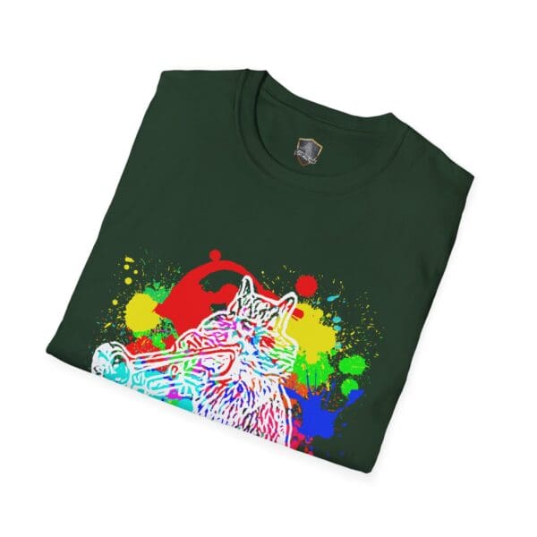 Green t-shirt showcasing a vibrant chipmunk design with paint splashes and a trumpet.