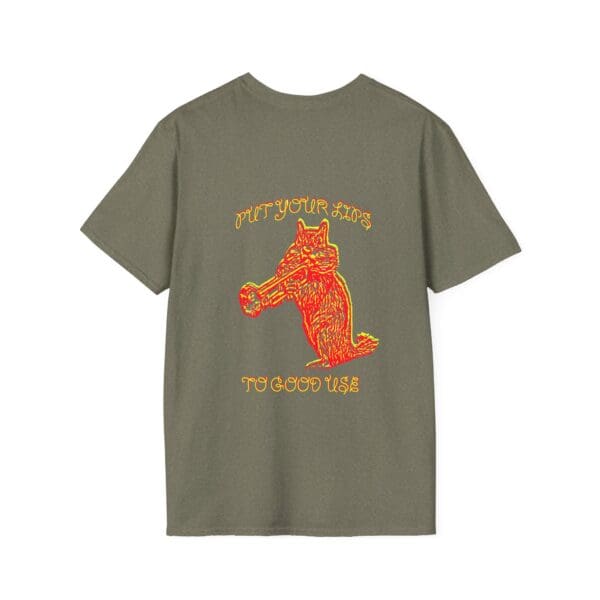 Olive green t-shirt featuring a graphic of a bear holding a log in orange-red hues, accompanied by the text "Put Your Lips To Good Use.