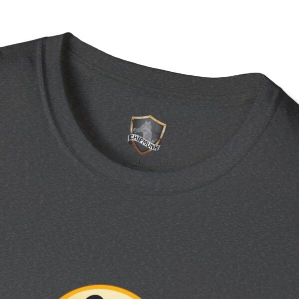 Close-up of the neckline of a dark gray "No One Cares T-Shirt" featuring a shield-shaped label with the word "Chipmunk.