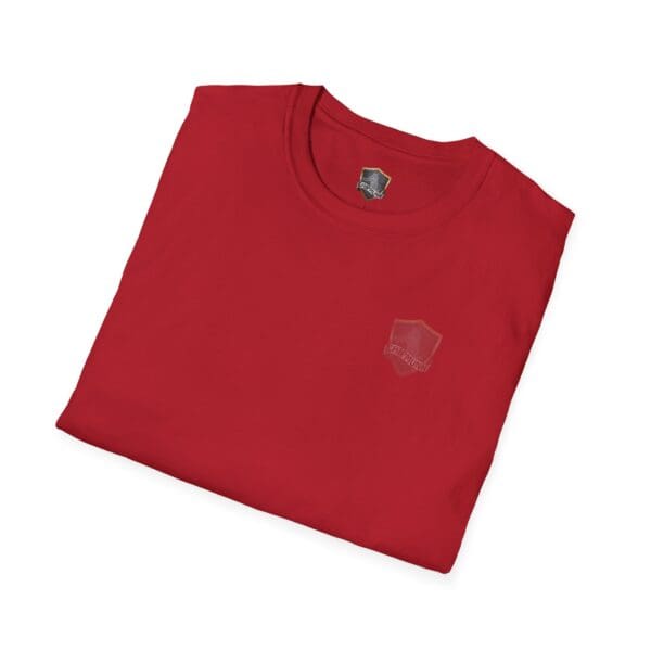 A red You Bought It Because We Brought It T-Shirt featuring a small emblem on the chest.