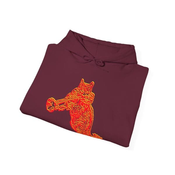 A Chipmunk Hoodie in maroon with an artistic red and yellow dog print on the front.