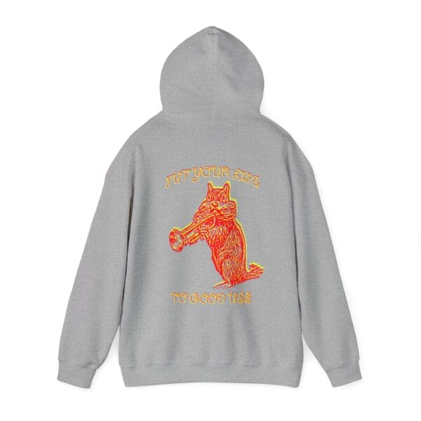 Gray hoodie featuring a back design of a fox playing a trumpet, with the text "Put Your Lips To Good Use" above and below the image.