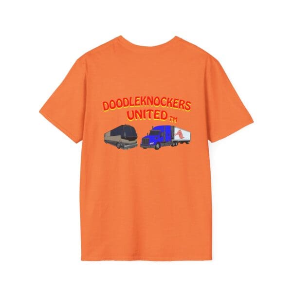 Orange Doodleknockers Bus and Truck T-shirt with "Doodleknockers United" text and images of a bus and a truck on the back.