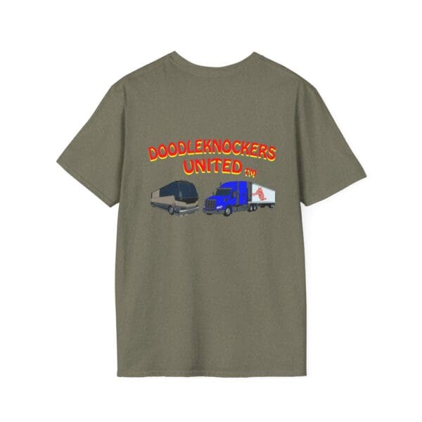 Green T-shirt featuring two illustrated trucks and the text "DOODLEKNOCKERS UNITED™" in red and yellow on the back, known as the Doodleknockers Bus and Truck T-Shirt.