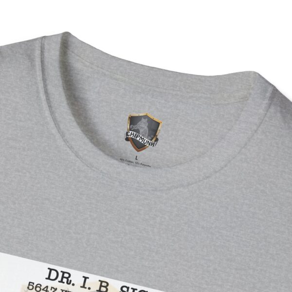 Close-up of a gray Laughter T-Shirt with the label "Chipmunk" near the collar. Below the label, a white patch with text is partially visible.